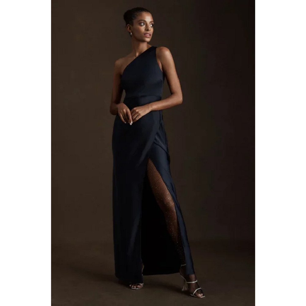 $248 BHLDN Dylan One Shoulder Satin Gown in Navy 10 NEW
